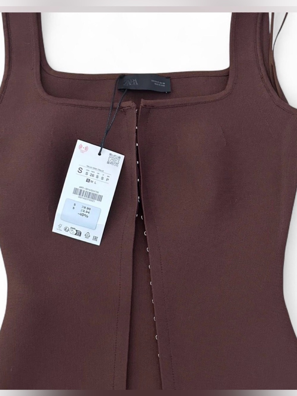 Zara Brown Square-Neck Tank Bodysuit with Front Hook Closure